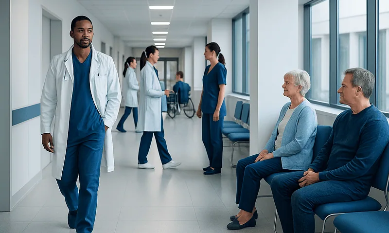 Medical staff and patients in a hospital corridor at Acibadem Hospitals Group.