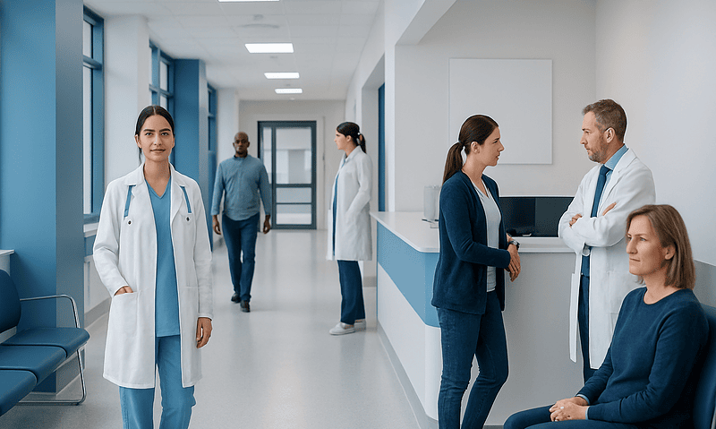 Medical team in hospital corridor discussing patient care.