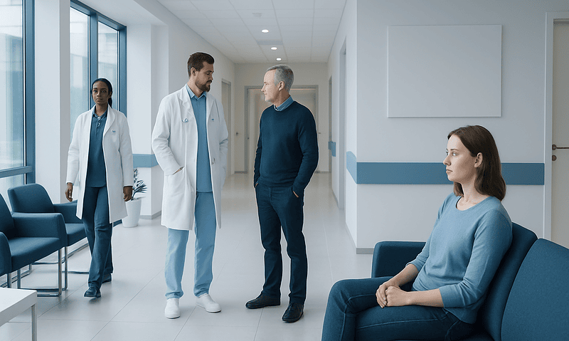 Medical team discussing patient care in hospital corridor.