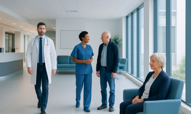 Healthcare professionals consulting with elderly patient in hospital corridor.