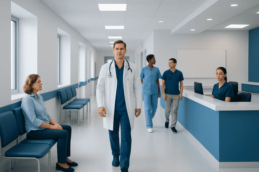Melamine: What Patients Need to Know 1 Medical team walking through hospital corridor with patient waiting area.