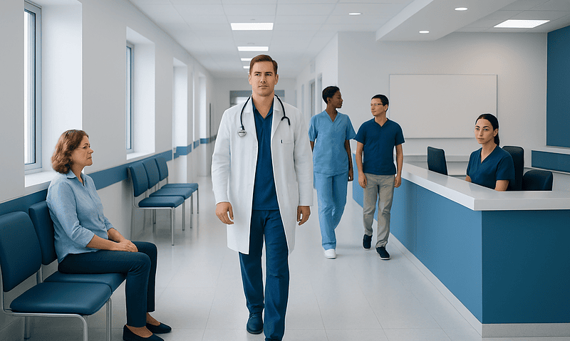 Medical team walking through hospital corridor with patient waiting area.
