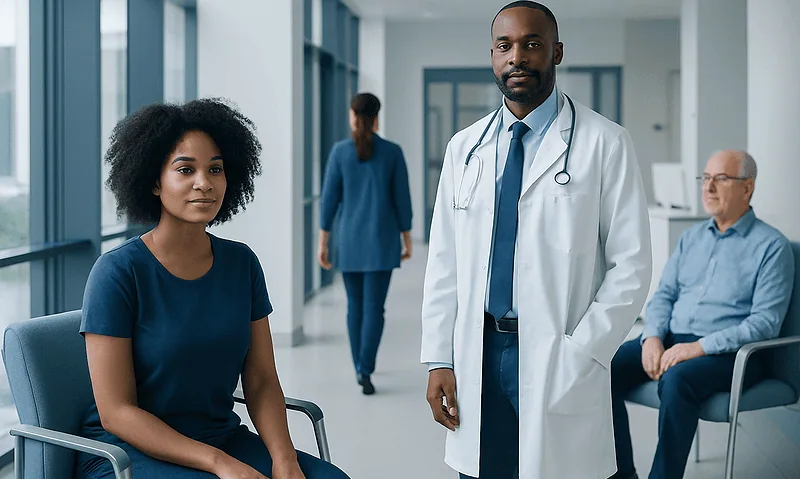 Melanin: A Complete Medical Guide — Function, Normal Levels, and Health Implications 11 Medical consultation in a modern hospital with diverse patients and staff.
