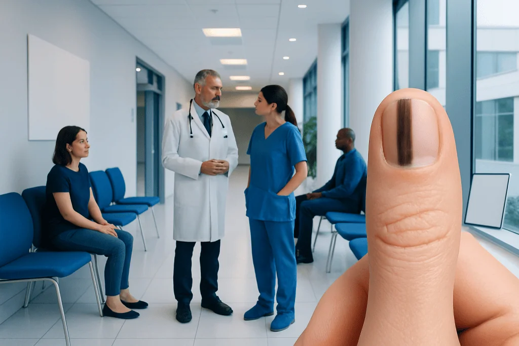 Understanding Melanoma Under Nail: A Complete Patient Guide 1 Doctor consulting with patients in a hospital corridor.