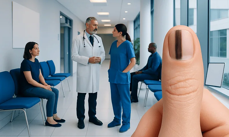 Doctor consulting with patients in a hospital corridor.