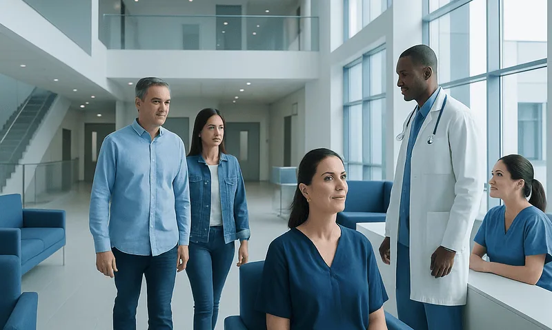 Medical team discussing patient care in a modern hospital lobby.