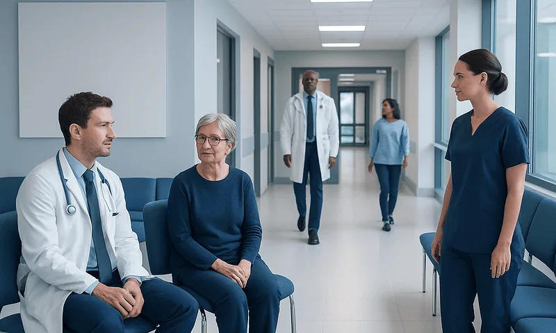 Medical team consulting with patient in hospital corridor.