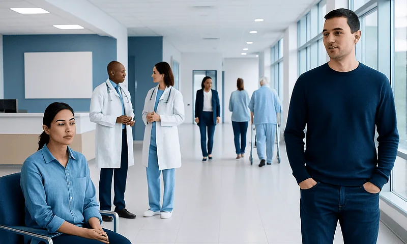 Medical professionals and a patient in a hospital corridor.