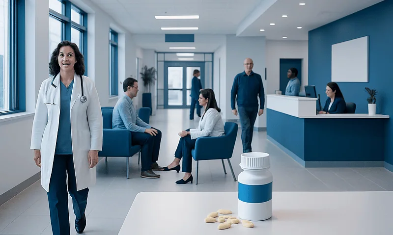 Modern hospital waiting area with healthcare professionals and patients.