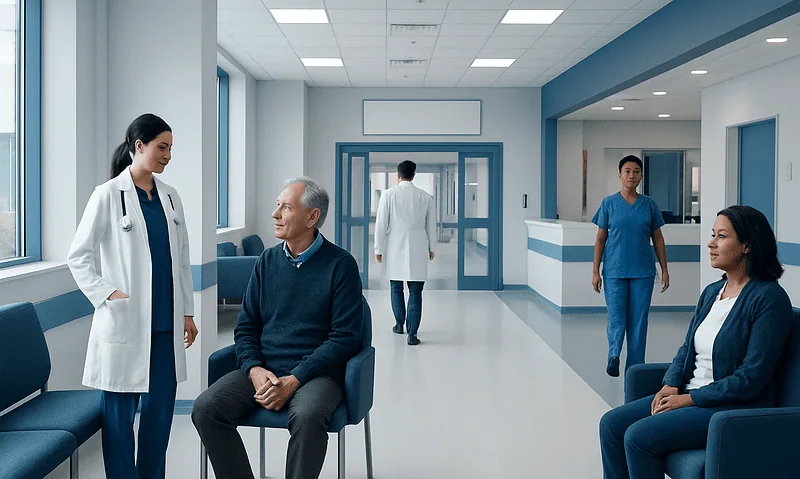 Patients and healthcare professionals in a modern hospital waiting area.