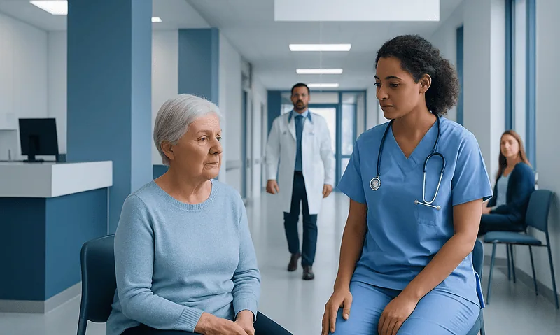 Nurse consulting with elderly patient in hospital corridor.