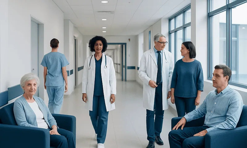 Hospital corridor with doctors and patients in a healthcare setting.