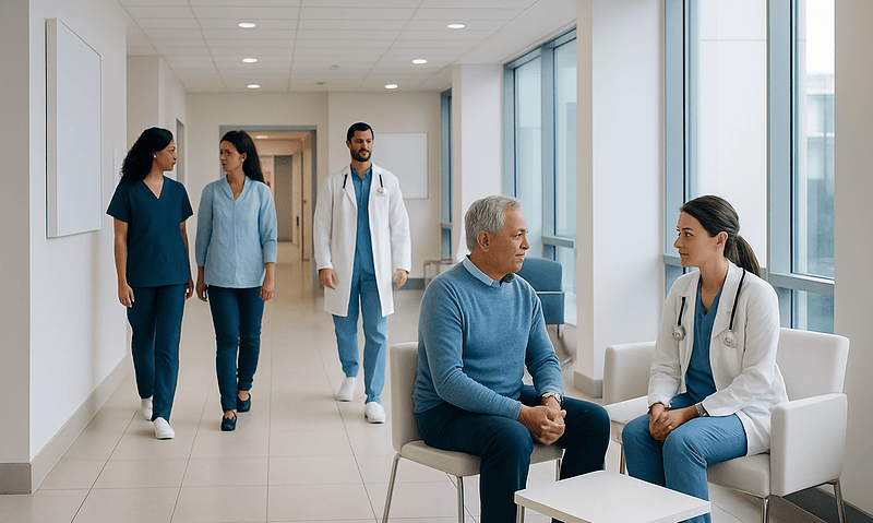 Medical professionals and a patient in a hospital corridor and consultation room.