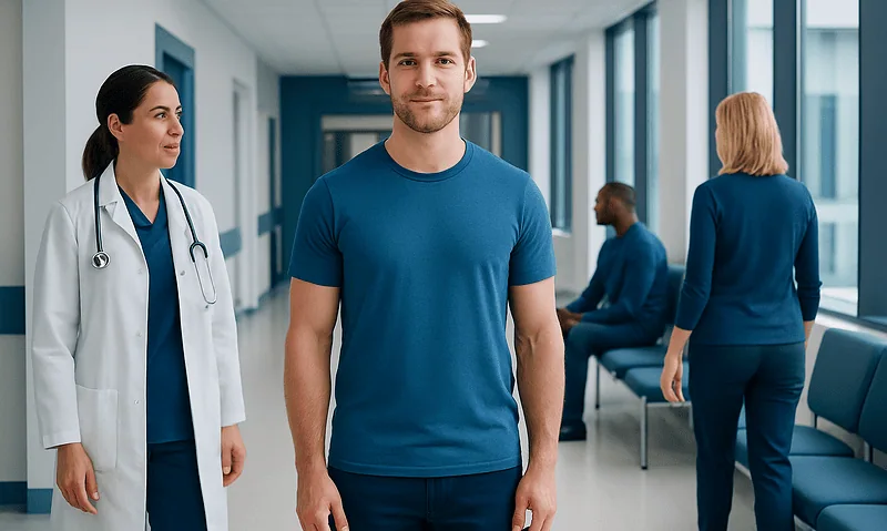 Young man in hospital corridor with medical staff and patients.