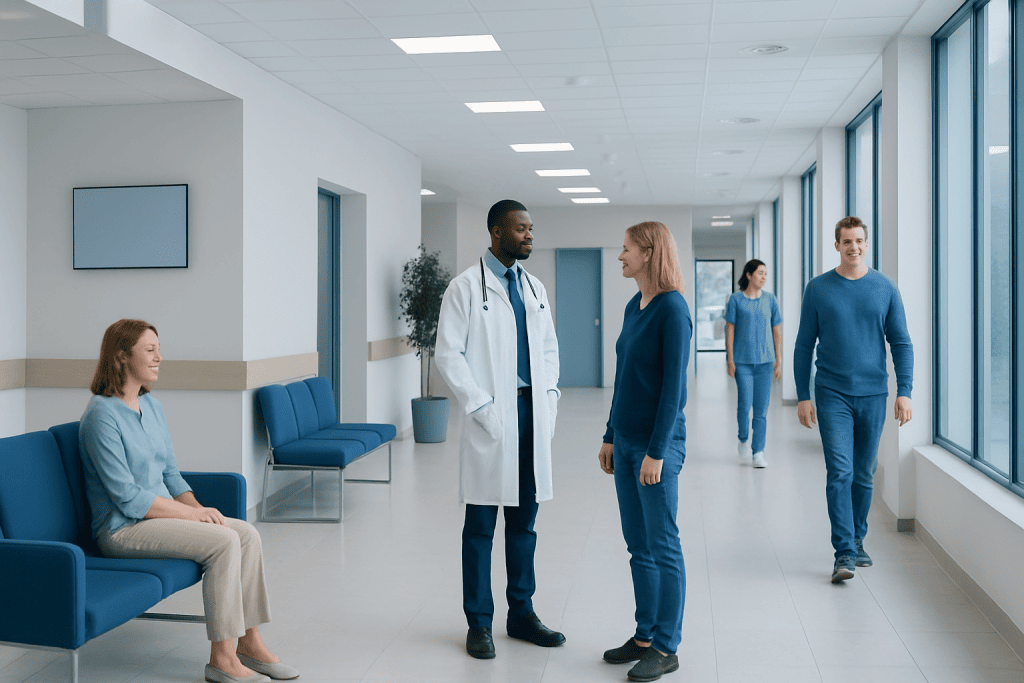 Meningioma: Diagnosis, Outlook, and Modern Treatment Approaches 1 Medical consultation in a modern hospital corridor with diverse staff and patients.