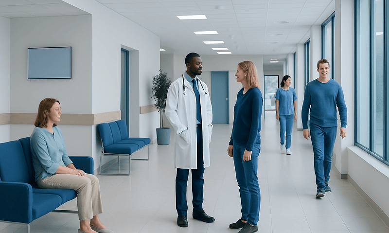 Medical consultation in a modern hospital corridor with diverse staff and patients.