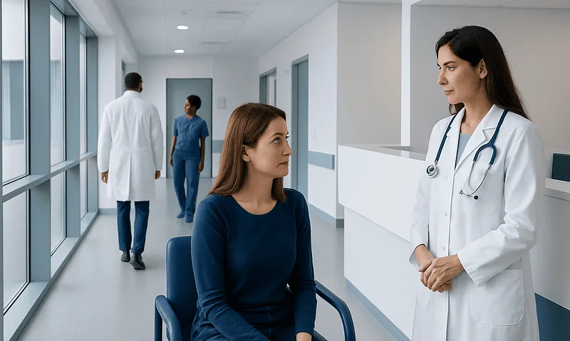 Doctor consulting a patient in a hospital corridor.