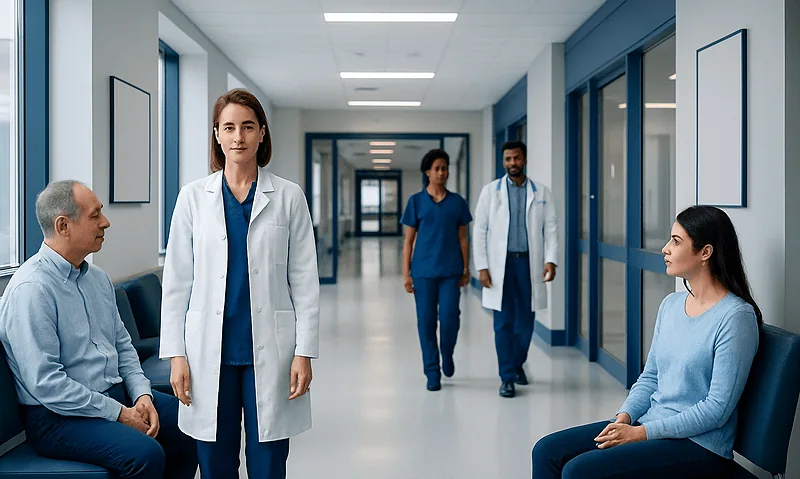 Medical professionals and patients in a hospital corridor.