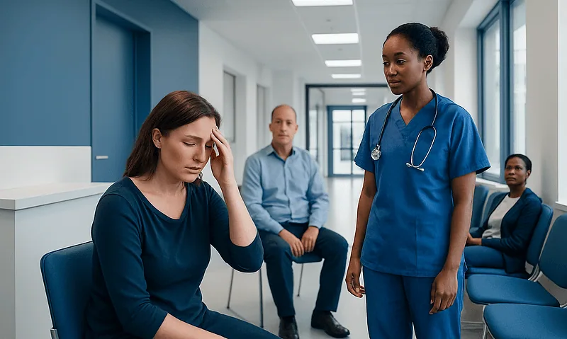 Patient experiencing headache in a hospital waiting area with medical staff nearby.