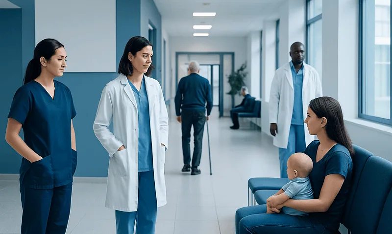 Medical team consulting with a patient and her baby in a hospital corridor.