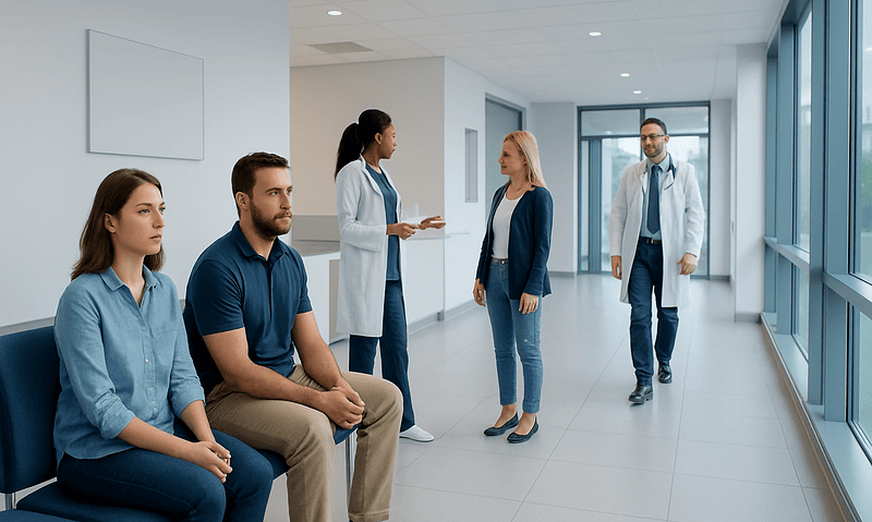 Patients waiting and medical staff in a hospital corridor at Acibadem Hospitals Group.
