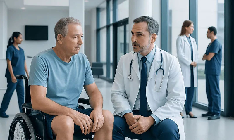 Doctor consulting with a male patient in a hospital corridor.