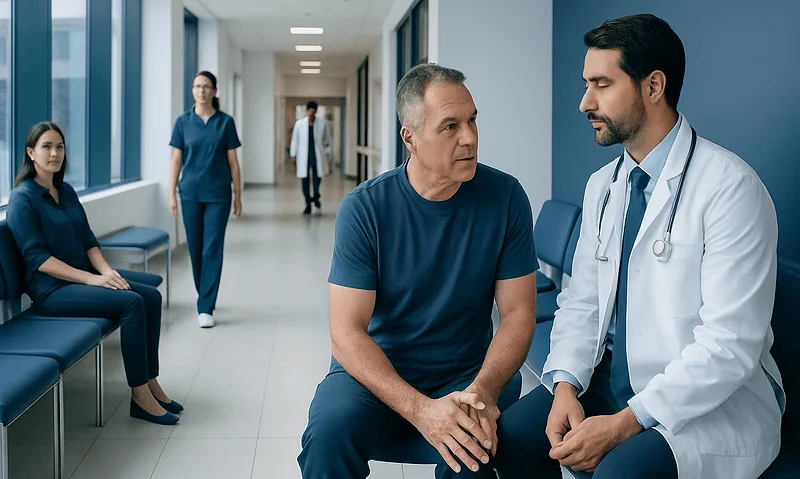 Doctor consulting patient in hospital corridor with medical staff in background.