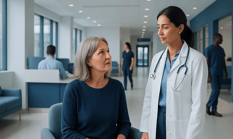 Doctor consulting with an older female patient in a hospital lobby.