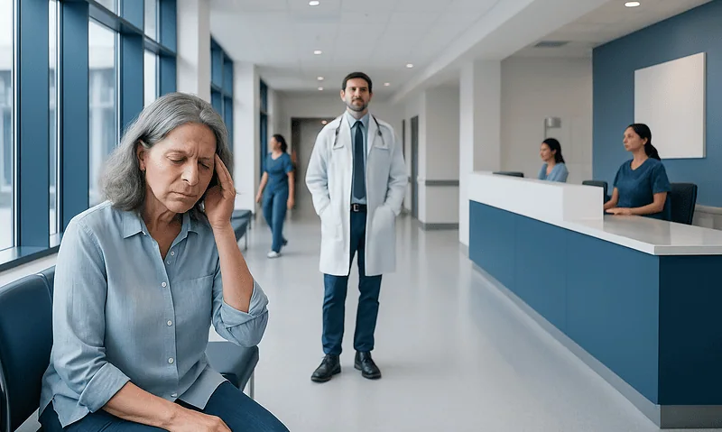 Woman experiencing headache in hospital waiting area with medical staff nearby.