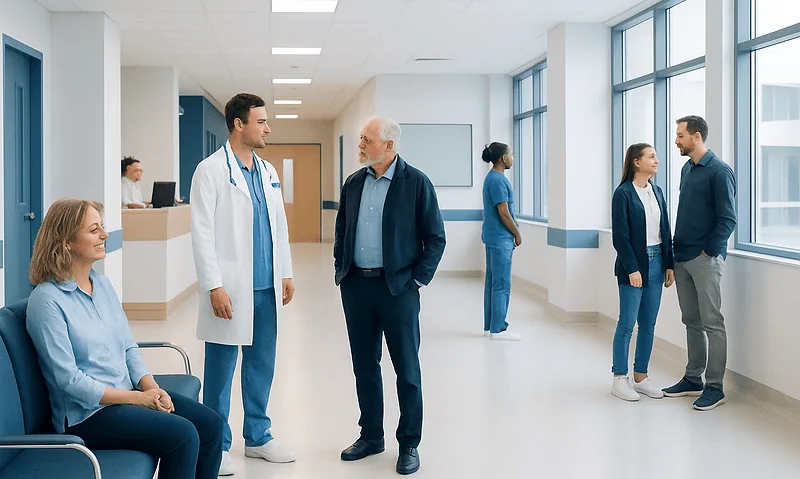Medical professionals and patients in a hospital corridor at Acibadem Hospitals Group.