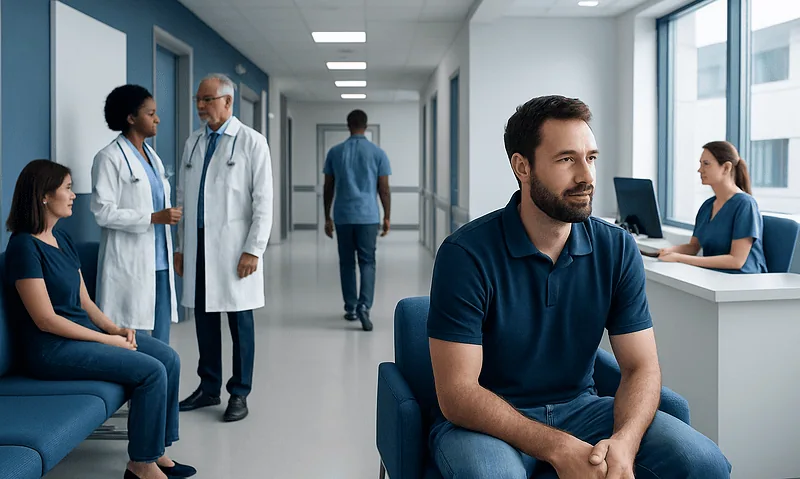 Patients waiting in a hospital corridor with medical staff and a doctor.