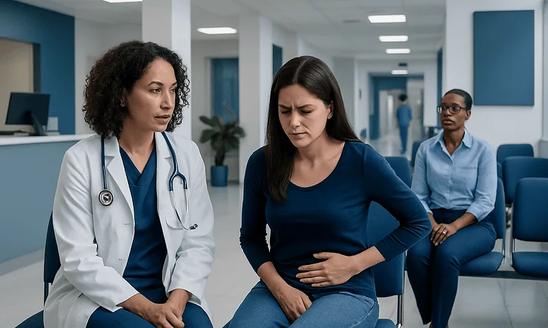 Woman experiencing abdominal pain during a medical consultation at a hospital.