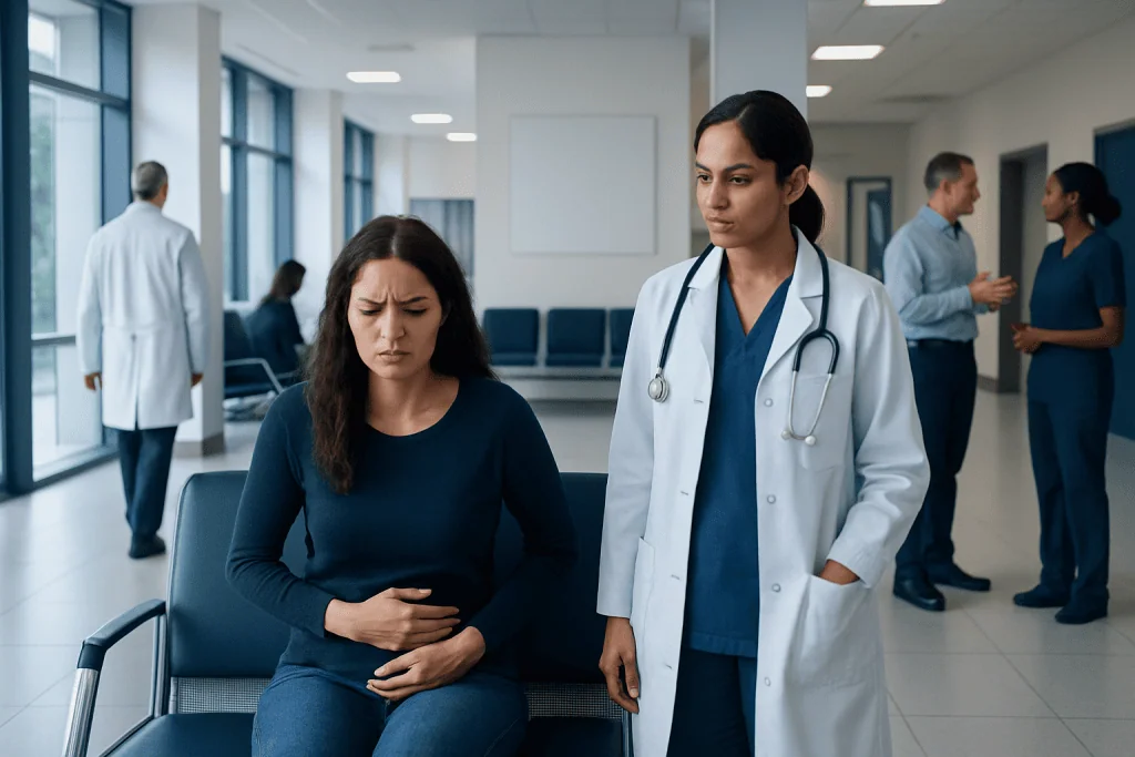Menstruation and Pain: Possible Causes and When to Seek Care 1 Patient experiencing abdominal pain in a hospital waiting area.