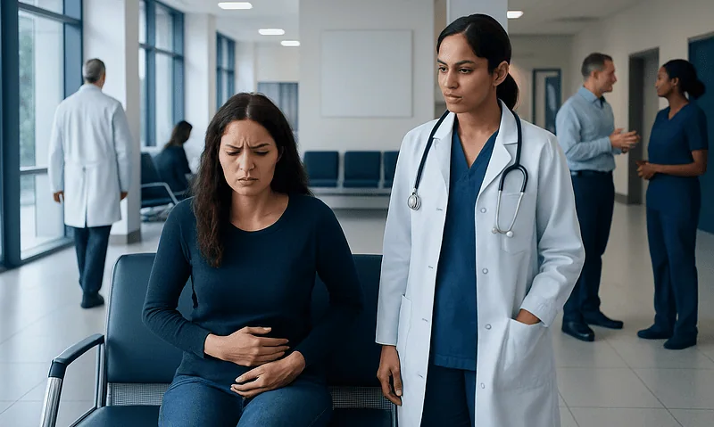 Patient experiencing abdominal pain in a hospital waiting area.