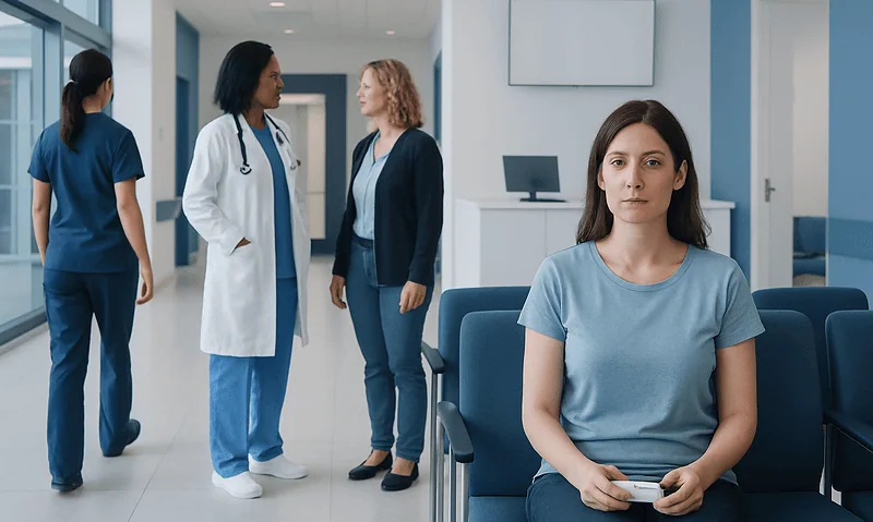 Patient waiting in hospital corridor with medical staff in background.