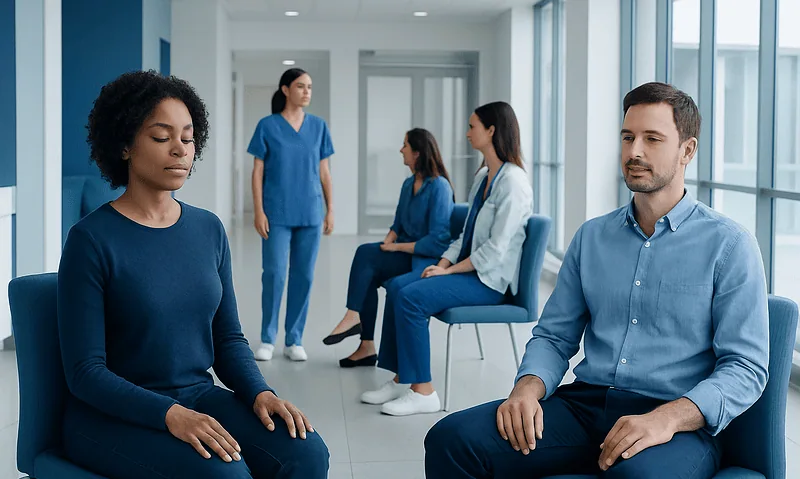 Patients practicing meditation in a hospital corridor with medical staff nearby.