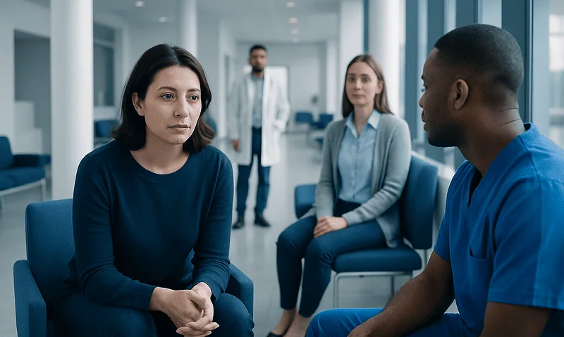 Psychologist listening to a patient in a therapy session at a hospital.