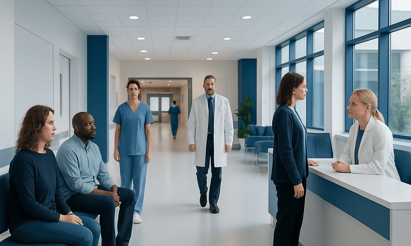 Medical consultation in a modern hospital corridor with staff and patients.