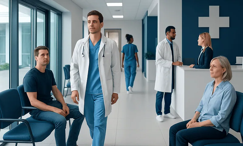 Medical staff and patients in a modern hospital corridor with a cross symbol.