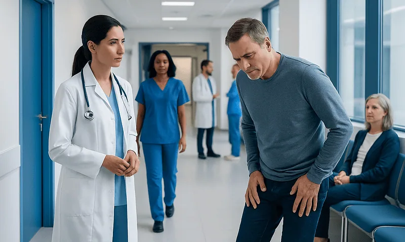 Patient experiencing lower back pain in hospital corridor with medical staff nearby.