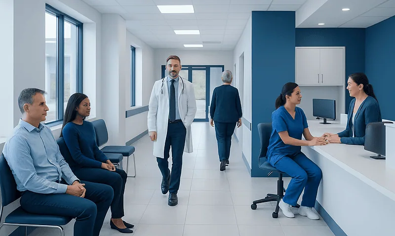 Modern hospital reception area with medical staff and patients.