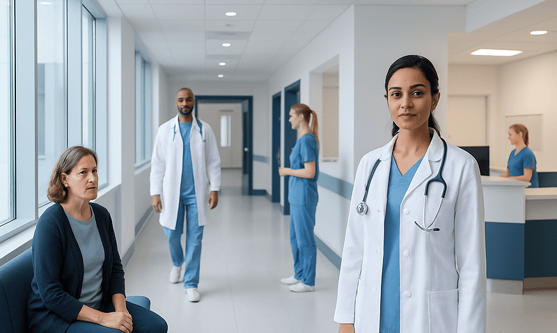 Medical team in hospital corridor with doctor and patient.
