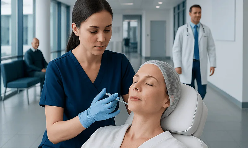 Medical professional performing facial treatment on patient in clinic.
