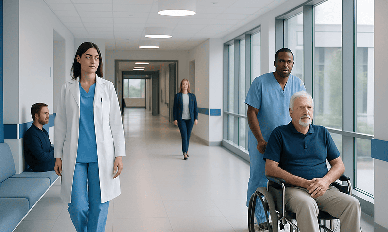 Healthcare professionals and a patient in a hospital corridor.
