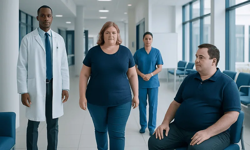 Medical team with a patient in a hospital corridor.