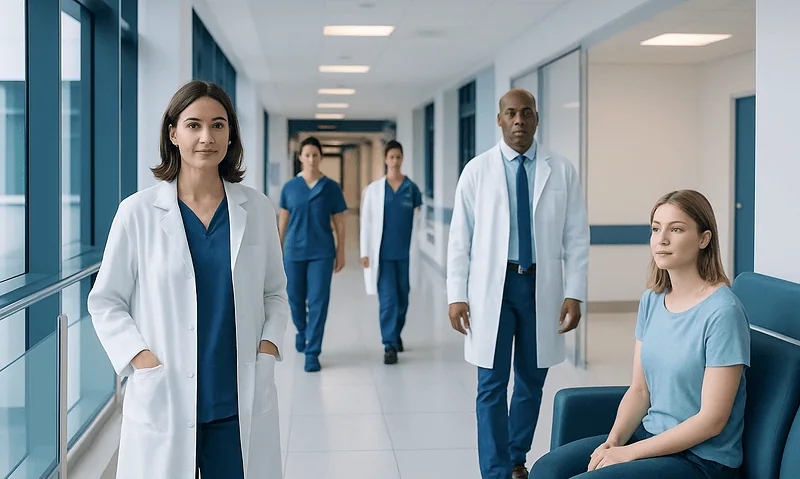 Medical team in hospital corridor with patient sitting on bench.