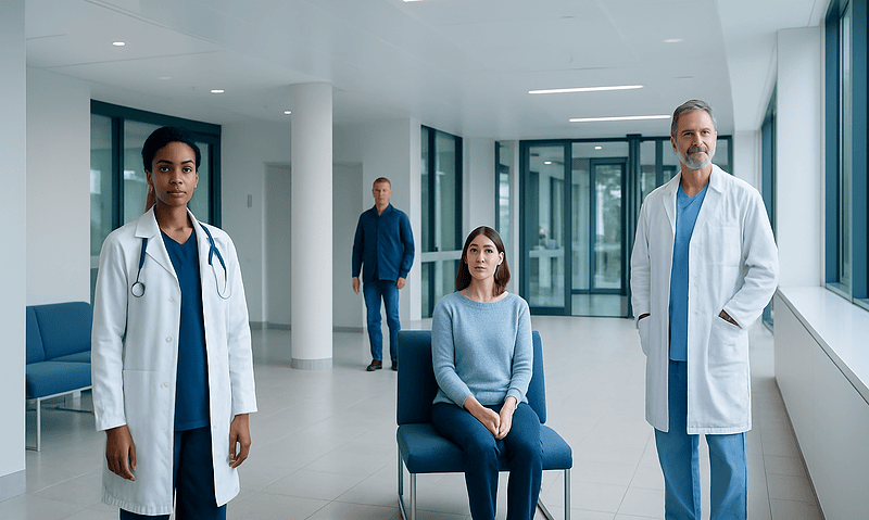 Medical professionals and patient in modern hospital corridor.