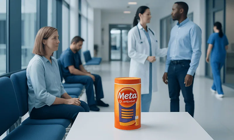 Meta fiber supplement container in a hospital waiting area.
