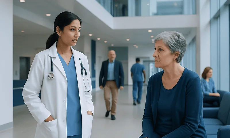 Doctor consulting with an elderly female patient in a hospital lobby.