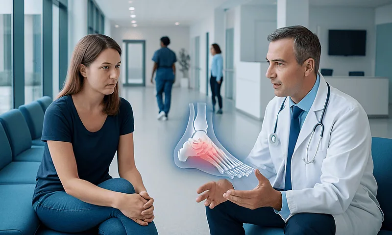 Doctor explaining foot pain to patient in hospital corridor.
